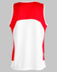 A red and white men's sprint singlet with a stylish back design and a logo.