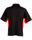 A black polo shirt with red side panels and a collar, featuring a logo on the front.