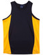 A men's singlet featuring black and orange contrast panels, with a logo on the inside tag.