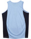 A light blue men's singlet with dark blue mesh contrast panels, featuring a branding logo on the back.