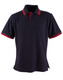 A navy blue polo shirt with red-striped accents on the collar and sleeves, featuring a logo.