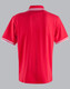 A red polo shirt featuring contrasting stripes on the collar and sleeves, with a logo on the front.