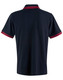 A navy blue polo shirt featuring red stripes on the collar and sleeves, with a logo on the chest.