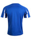 A blue short-sleeved T-shirt with white accents on the shoulders and sides, featuring a logo.