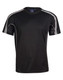 A black short-sleeve t-shirt featuring mesh panels and contrasting grey accents, with a label inside.