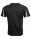 A black short-sleeve T-shirt with grey detailing and a logo on the back. Suitable for casual wear.