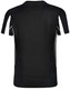 A black short-sleeve T-shirt with white accents and a logo on the back.