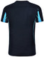 A black short-sleeve T-shirt with light blue accents and a logo on the back.