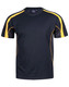A black and yellow men's short-sleeve t-shirt with contrasting side panels and a logo.