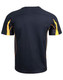 A black and yellow men's T-shirt with short sleeves, featuring a logo on the back.