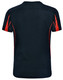 Men's black T-shirt with red accents and a logo, featuring a short-sleeve design and a plain back.
