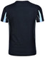 A black short-sleeve T-shirt with light blue accents and mesh detailing on the sides. It features a logo.