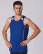 A blue men's singlet with white accents and a logo on the chest. Styled with a slim fit.
