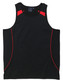 A black singlet with red accents and a tag, featuring a logo. Suitable for casual wear or sports.