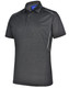 A men's short sleeve polo shirt in dark grey, featuring piping details and a logo.