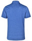 A blue short sleeve polo shirt with a textured finish and a logo on the back.