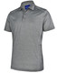A grey short sleeve polo shirt with subtle white detailing and a logo on the collar.