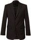 A black wool stretch blazer featuring two buttons and side pockets, with a sleek and tailored design.