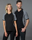 A men's and women's tri-colour short-sleeve pique polo shirt in black with grey accents and a logo.