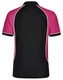 A men's tri-colour short-sleeve polo shirt featuring black and pink panels with white piping and a logo.