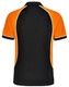 A men's tri-colour polo shirt featuring black and orange panels with contrasting piping and a logo.