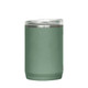 A drink bottle in a muted green colour with a stainless steel lid and a textured exterior. It features a logo.