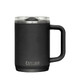 A drink bottle in matte black with a handle and a transparent lid, featuring a logo.