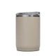 A drink bottle in a light brown hue, featuring a transparent lid and a sleek design, with a logo on the side.