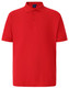 A bright red polo shirt with a collared neckline and short sleeves, featuring a logo on the chest.