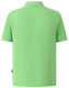 A green polo shirt with short sleeves and a collar, featuring a branding logo.