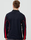 A men's long sleeve polo shirt in black with red accents, featuring a collar and a logo.