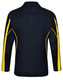 A black long sleeve polo shirt with yellow accents and a logo on the side.