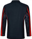 A black long sleeve polo shirt featuring red panels and mesh detailing, with a logo on it.