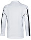 A white long sleeve polo shirt with black accents and a logo on the front.