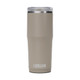 A drink bottle in a light brown shade with a clear lid and a logo.