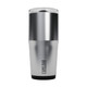 A drink bottle in silver and black, featuring a clear lid and a logo on the side.