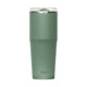 A drink bottle in a muted green colour with a stainless steel finish and a transparent lid, featuring a logo.