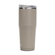 A drink bottle in a matte beige colour with a metal lid and a clear plastic top. It features a logo.