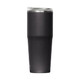 A drink bottle in matte black with a clear lid, featuring a sleek, tapered design and a branding logo.