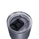 A drink bottle with a clear lid and a black sliding mechanism, featuring a stainless steel body in grey.