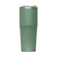 A drink bottle in a muted green colour with a stainless steel lid and a sleek, tapered design. It features a logo.