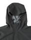 A men's waterproof performance jacket in dark grey, featuring a hood and adjustable ties. It has a logo on the chest.