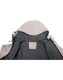 An interior view of a light grey men's waterproof performance jacket featuring a hood and a logo tag inside.