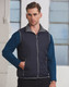 A navy blue men's vest with grey accents, featuring a zip front and pockets.
