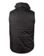A black, sleeveless vest featuring a puffy design and high collar, with a logo on the back.