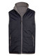 A black and grey men's vest with a zip front and two side pockets, featuring a high collar and a logo.