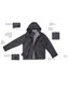 A black versatile vest displayed with a hood, adjustable cuffs, and concealed features. It includes a branding logo.