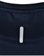A navy blue short-sleeve performance tee featuring a logo on the back collar.