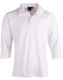 A white men's 3/4 sleeve cricket polo shirt with a collar and a logo.