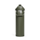 A drink bottle in olive green with a flip straw lid and carrying handle, featuring a logo on the side.